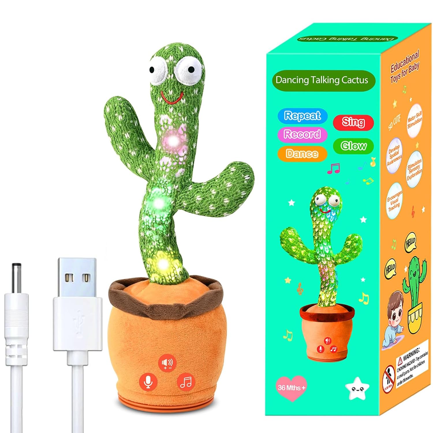 Dancing Talking Cactus Toy for Baby Toddler, Boys Girls Gifts Singing Mimicking Recording Repeating What You Say Baby Toys with 120 English Songs (Adjustable Volume)
